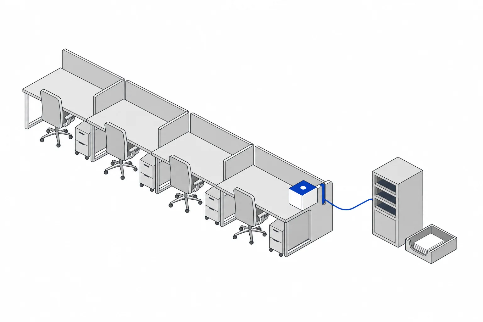 A cutaway office floor with a row of grey team desks and the yukti module docked into a cobalt slot at the end, cabled to a shared rack.