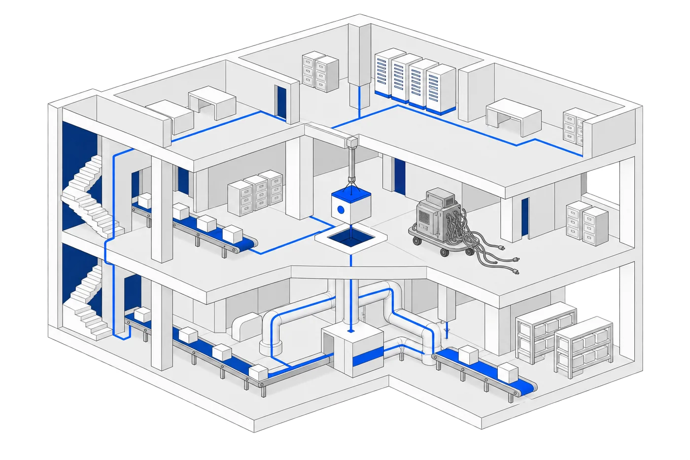 Cutaway of a company building. A small cobalt module is lowered into an exact slot while a bulky old machine with tangled cables is wheeled away; one clean blue line now runs through every floor.