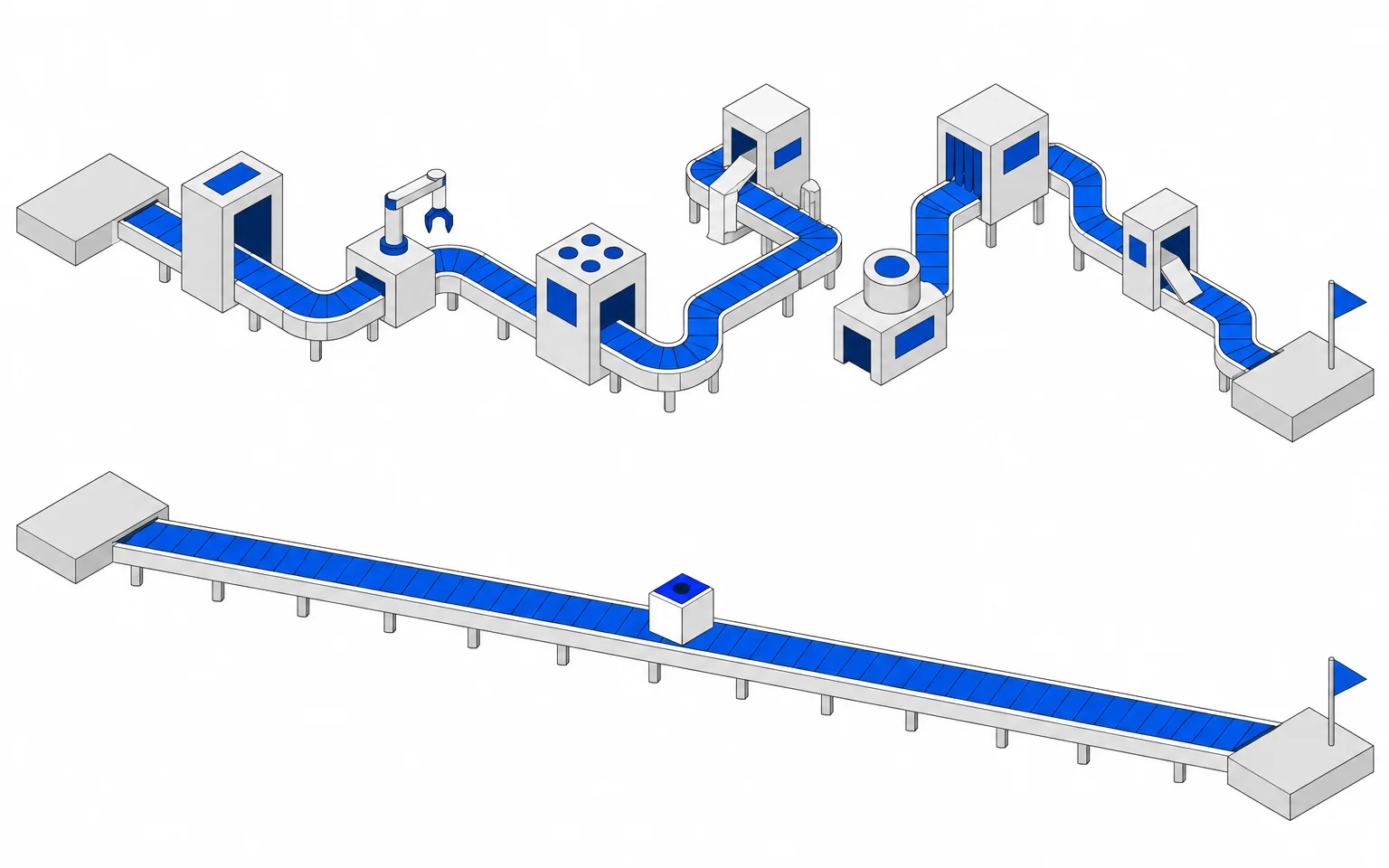 Two conveyor routes to the same goal: a long cluttered grey one and a short straight cobalt one carrying the yukti module.