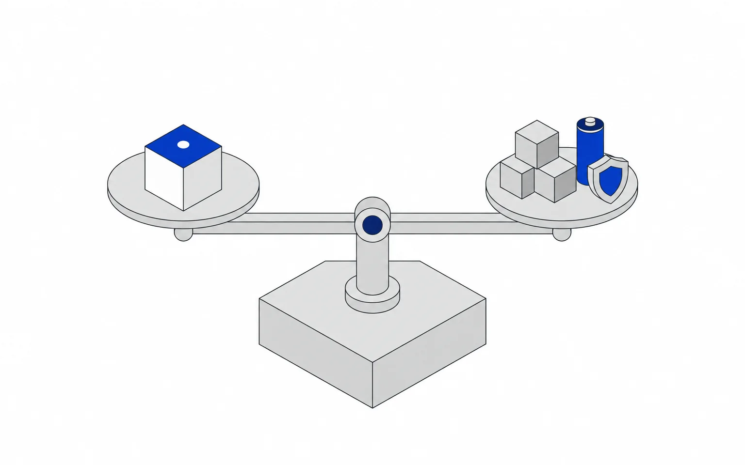 A balance scale resting level with the yukti module on one pan and cost, energy and risk on the other.