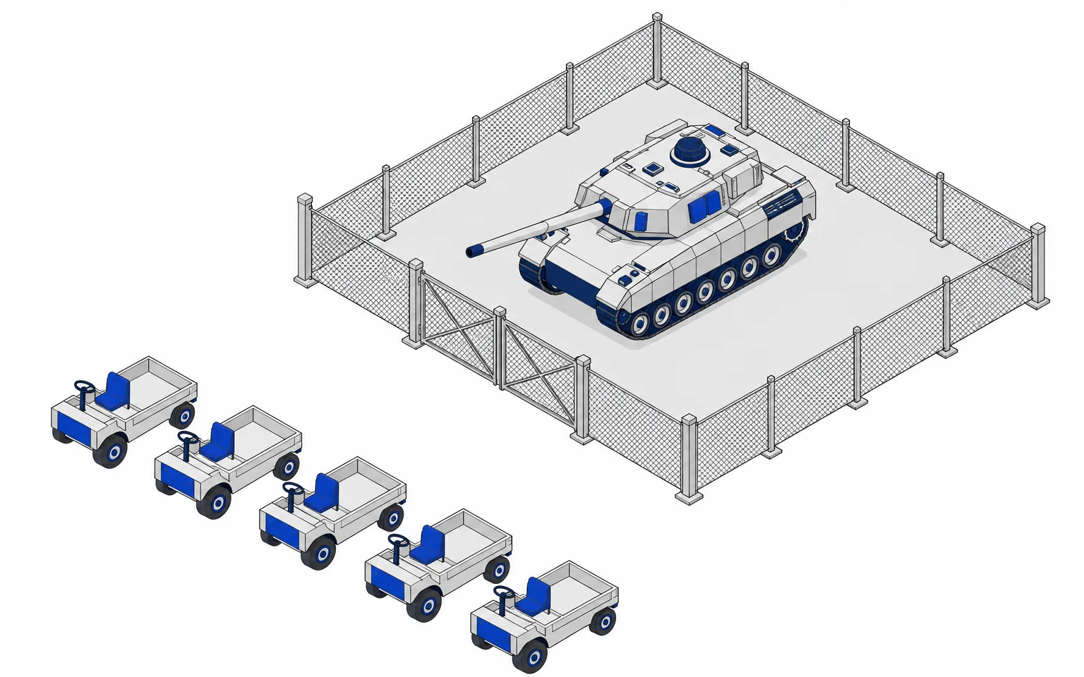 Many workhorses, and the tank behind the fence