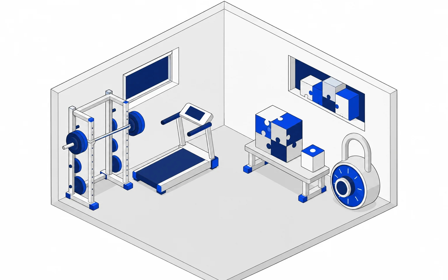 A gym with a barbell rack and a mind-gym bench of puzzle blocks, the yukti module standing by like a coach.