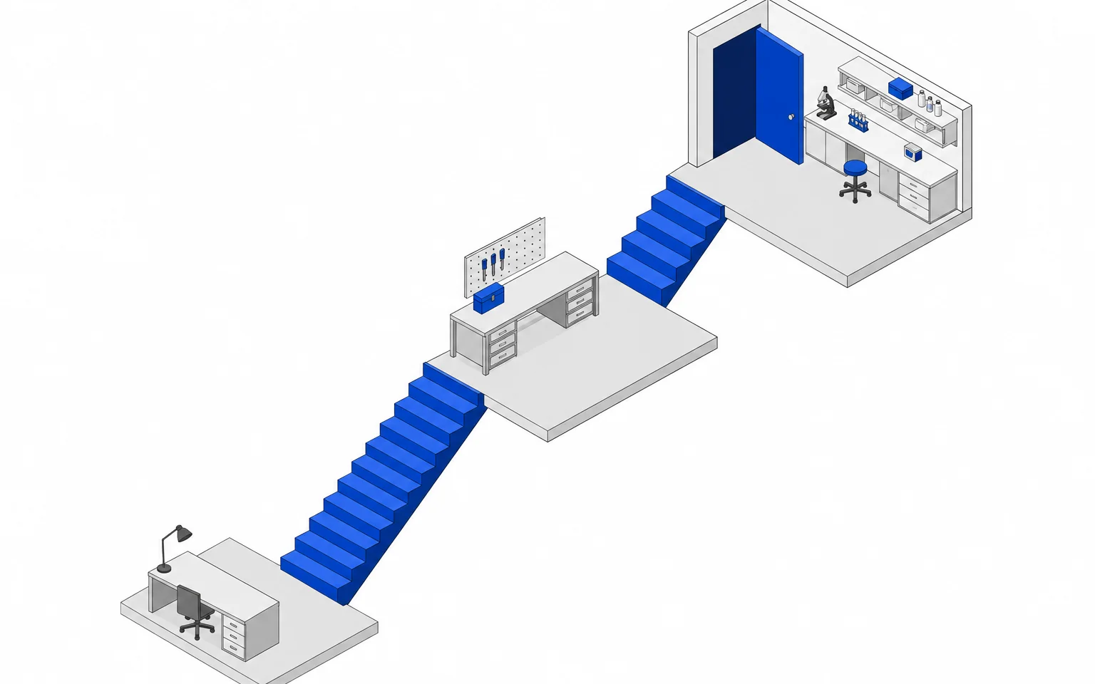 A cobalt staircase rising from an ordinary desk to a doorway into a small lab.