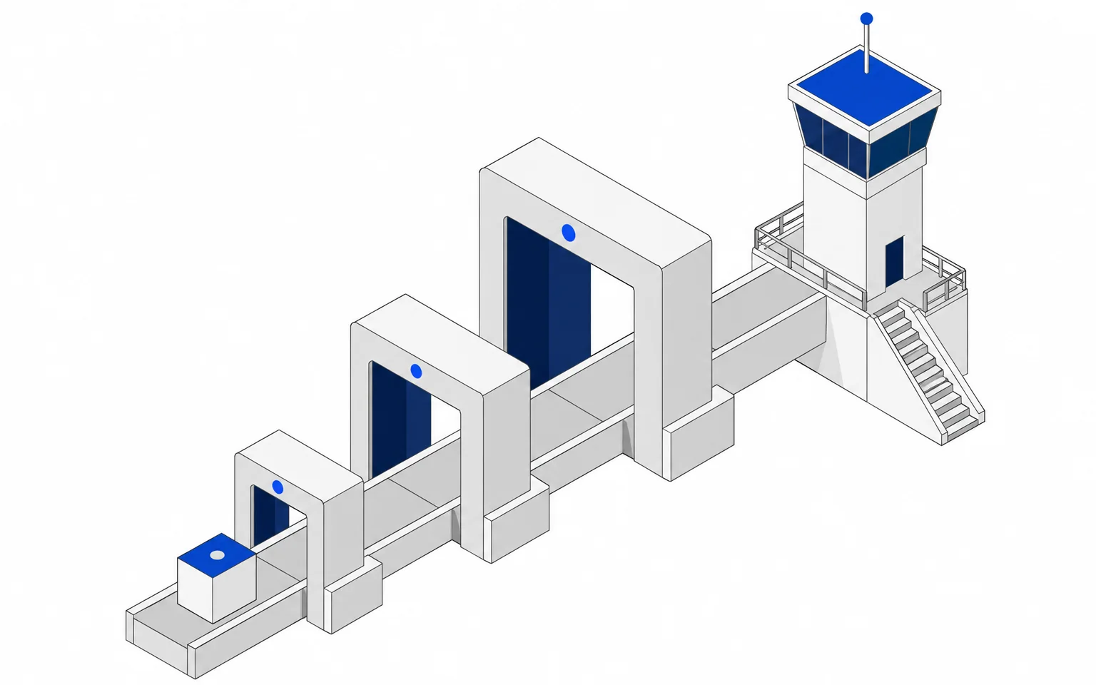 The yukti module passing through three nested gates of increasing size under a viewing tower.