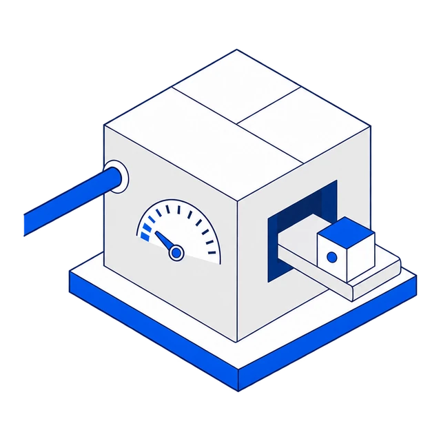 A compact machine: one thin pipe in, one cube out, its dial resting low.