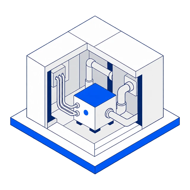 A building with one wall cut away, the cobalt module wired into its pipes inside.