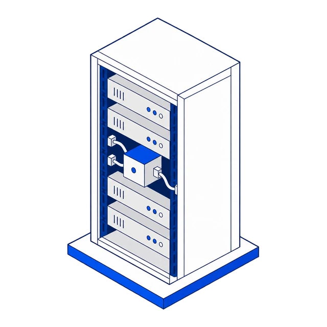 A rack with the cobalt module slotted into one bay, cabled to its neighbours.