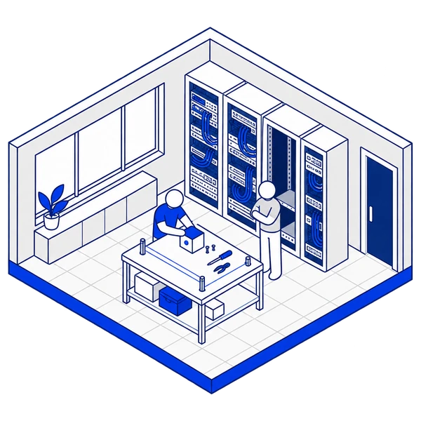 The engineer assembles the cobalt module at a workbench beside the client racks.