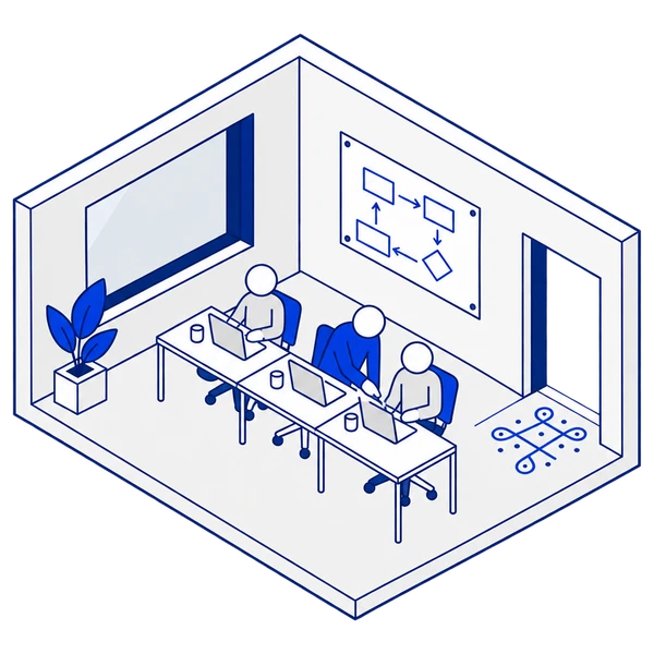 The engineer works at a desk among the client team, a kolam at the doorway.