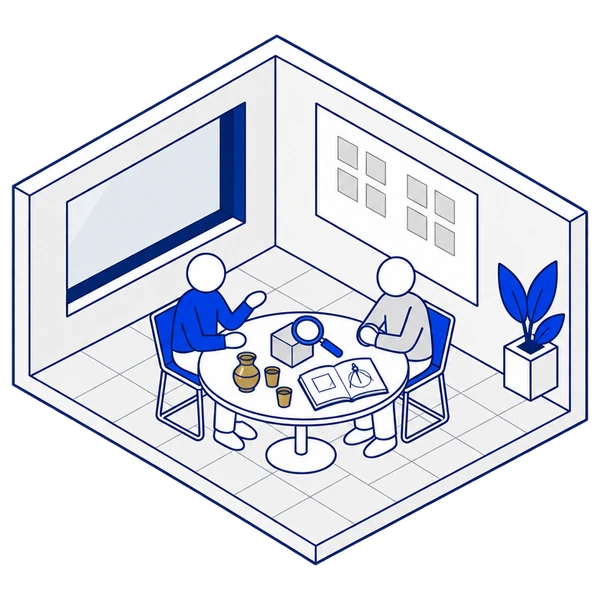 The engineer and the client talk across a small table, a magnifying glass over one box between them.