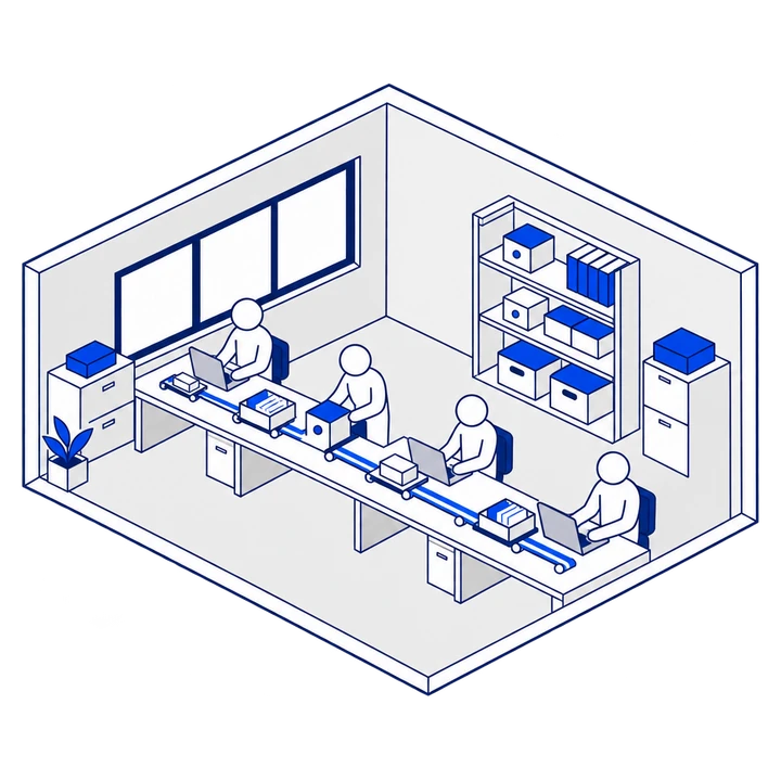 A row of desks joined by a small conveyor; an engineer connects the cobalt module and trays move smoothly to every desk.