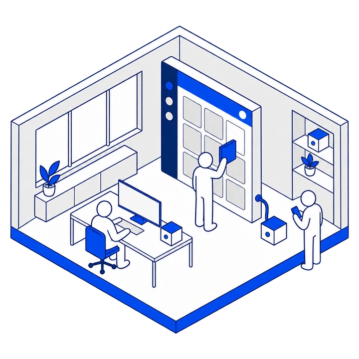 A designer places a cobalt panel into a large product interface while a colleague tests on a phone.